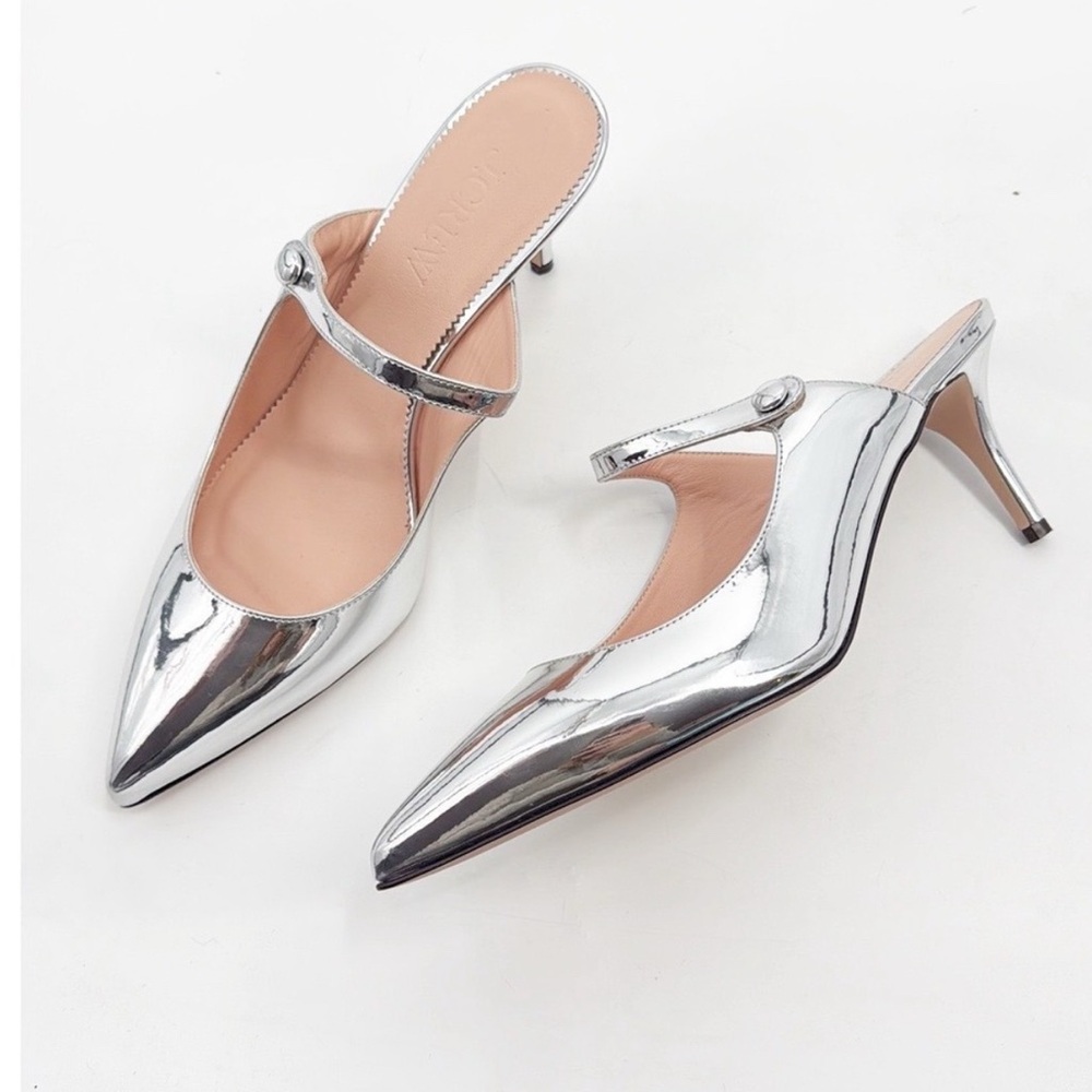 J. Crew silver Colette mule heels in Italian specchio leather